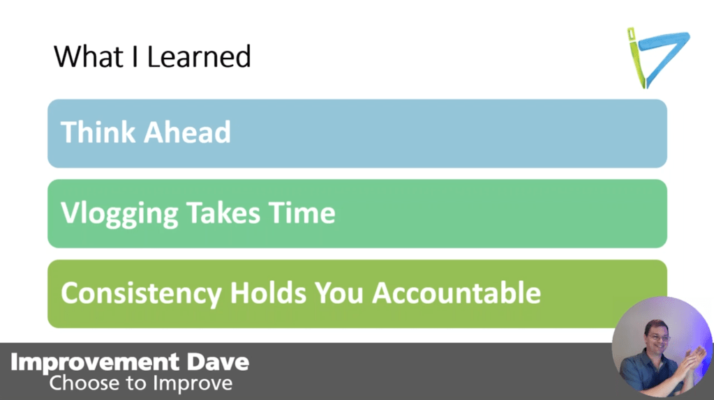 What I learned by Improvement Dave

Think ahead - be proactive
Vlogging Takes Time
Consistency Hold you Accountable