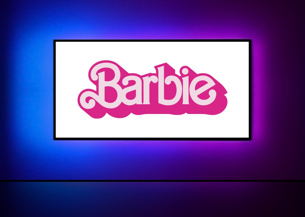 Pink Barbie logo on the big TV screen with neon colorful background on wall. Dark room in home with TV screen playing Barbie trailer or movie. Realistic vector illustration. NY, NY-USA - July 9 2023 - Adobe Stock
