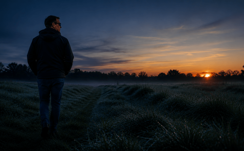 Dave walking in a grassy field covered in dew just before sunrise.